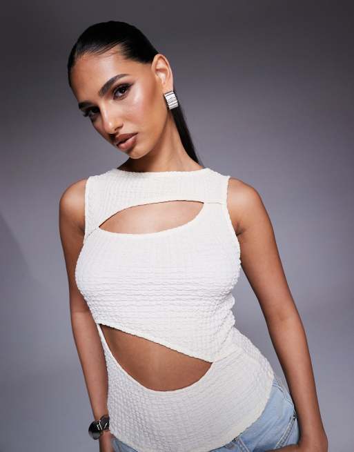 ASOS DESIGN – Fakturowany top bez rękawów w kolorze ecru z wycięciem i dekoltem w łódkę