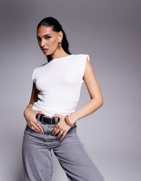ASOS DESIGN textured  ruched sides tank with shoulder pads in ivory
