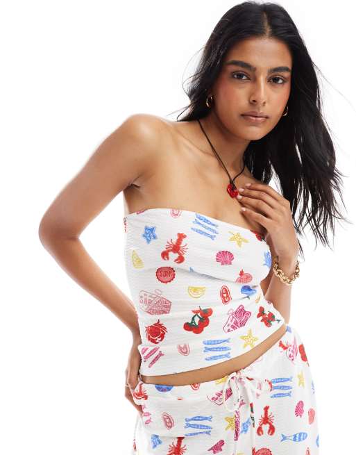 ASOS DESIGN – Fakturowany top z dekoltem bandeau w wakacyjny wzór z motywem jedzenia, część zestawu