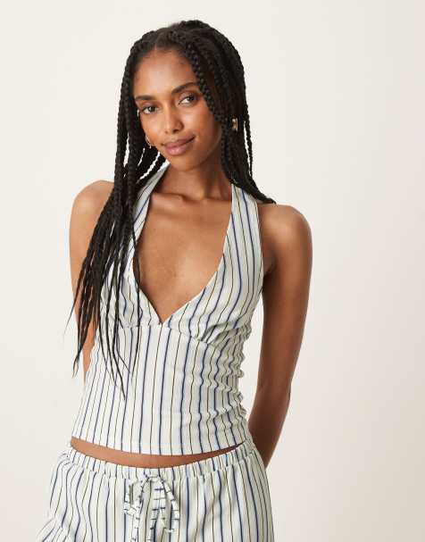 ASOS DESIGN textured pinstripe halter top co ord in ivory