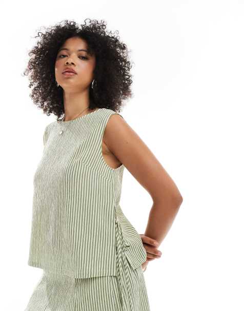 ASOS DESIGN – Fakturowany top z wiązaniem z boku w paski w kolorze khaki, część zestawu - view 1
