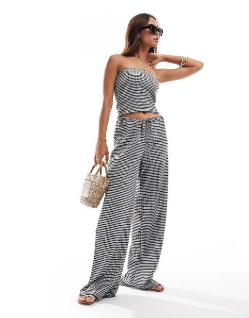 ASOS DESIGN – Fakturowany zestaw w czarno-białą kratkę vichy: top bandeau i spodnie