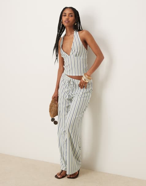 ASOS DESIGN – Fakturowany zestaw w kolorze kości słoniowej w prążki: top z dekoltem halter i spodnie - view 1