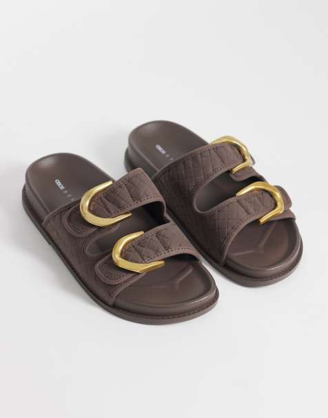 ASOS DESIGN Falcon double buckle footbed sandals in chocolate - view 1