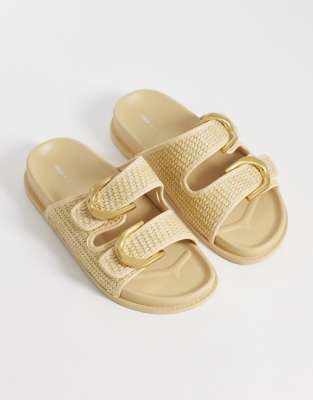 Asos Design Falcon Double Buckle Footbed Sandals In Gold
