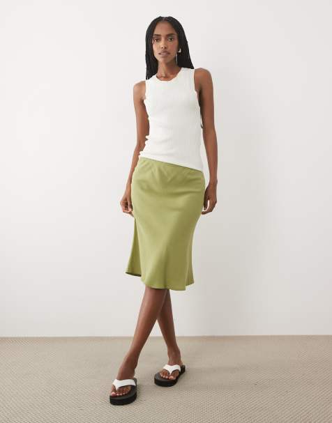 ASOS DESIGN falda al bies de satén mezcla de lino estilo años 90 en verde oliva - view 1