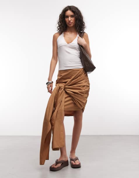 ASOS DESIGN - Falda color camel drapeada con detalle de lazada - view 1