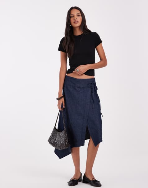 ASOS DESIGN - falda cruzada asimétrica vaquera en lavado oscuro - view 1