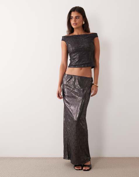 ASOS DESIGN falda de tubo de encaje metalizado de conjunto en negro - view 1