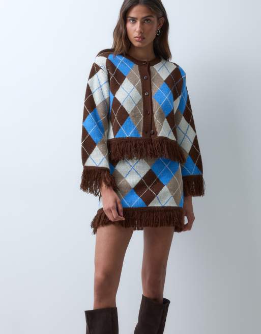 ASOS DESIGN falda jacquard con bajo de flecos en azul y marrón, 4 de 5