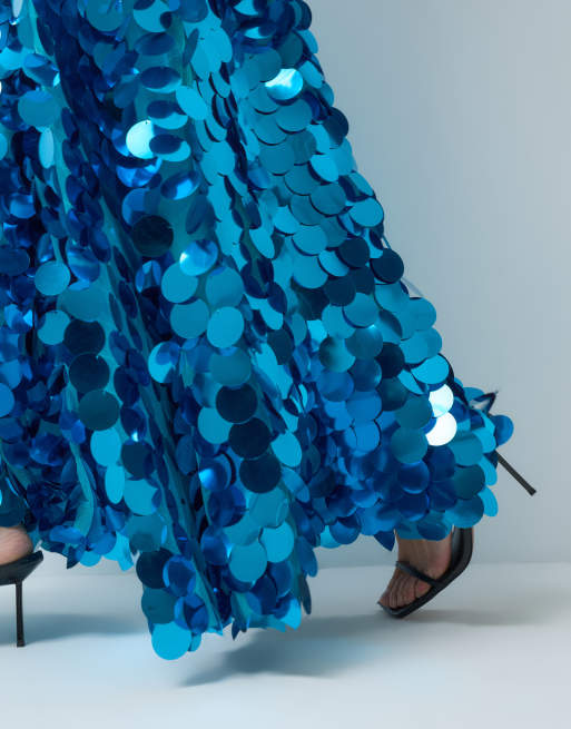 ASOS DESIGN - Falda larga azul turquesa de corte voluminoso de lentejuelas, 4 de 5