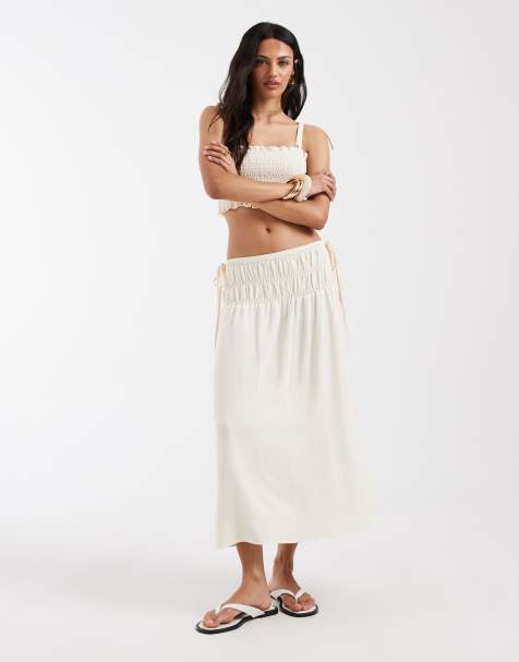 ASOS DESIGN - Falda larga blanco marfil con cintura fruncida de mezcla de lino - view 1