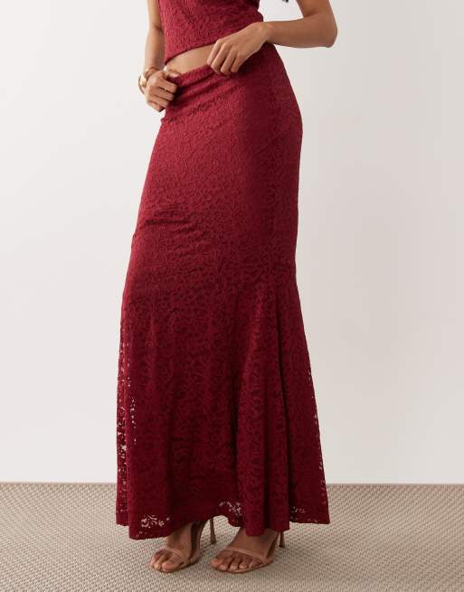 ASOS DESIGN - Falda larga burdeos de corte sirena de encaje (parte de un conjunto), 3 de 5