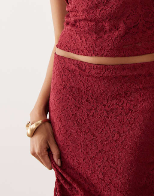 ASOS DESIGN - Falda larga burdeos de corte sirena de encaje (parte de un conjunto), 4 de 5