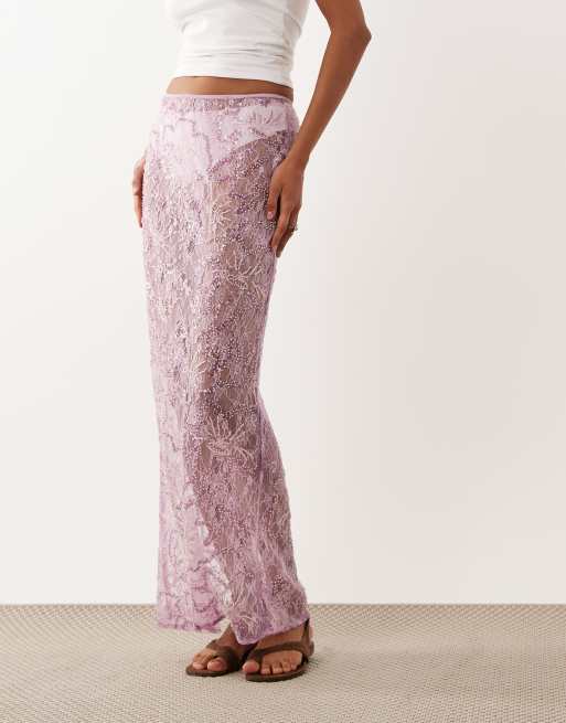 ASOS DESIGN - Falda larga lila transparente de encaje delicado con lentejuelas, 2 de 5