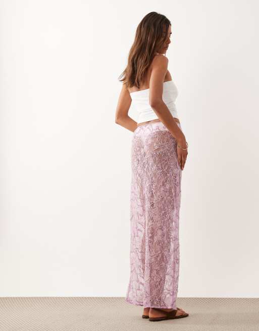 ASOS DESIGN - Falda larga lila transparente de encaje delicado con lentejuelas, 4 de 5