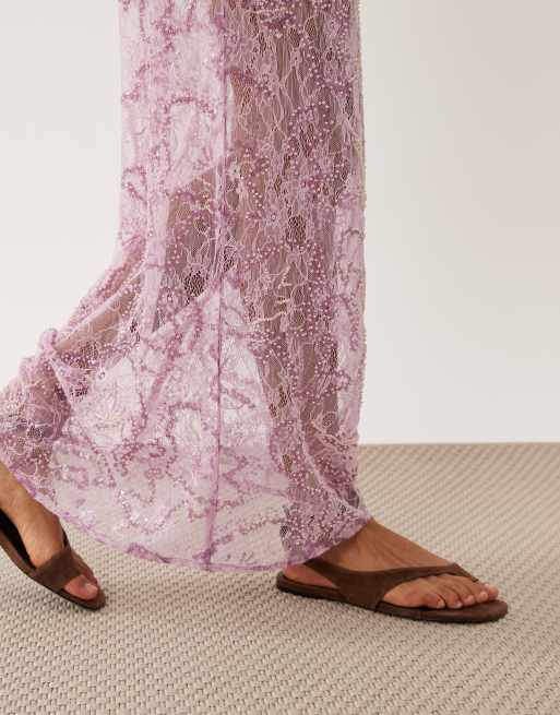 ASOS DESIGN - Falda larga lila transparente de encaje delicado con lentejuelas, 5 de 5