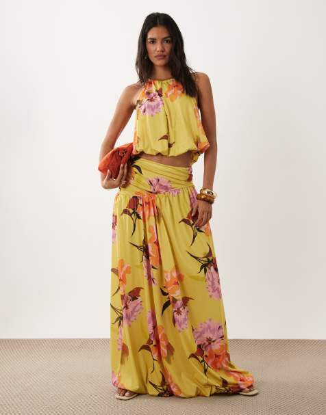 ASOS DESIGN falda maxi de conjunto con bajo abullonado y estampado floral amarillo - view 1
