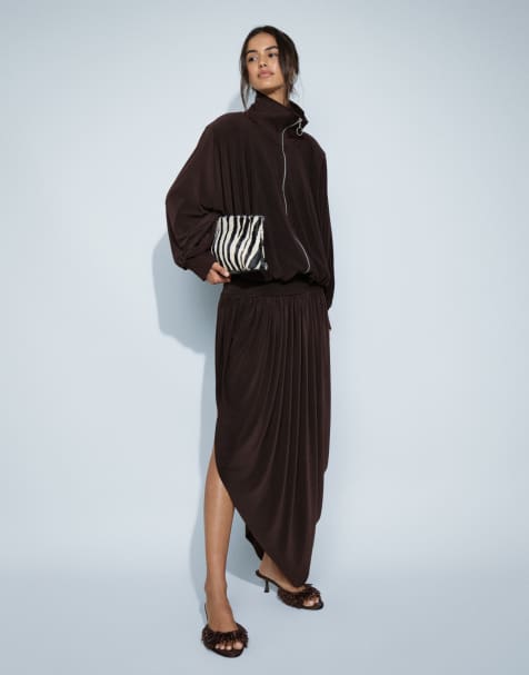 ASOS DESIGN - falda maxi de conjunto con drapeado y volumen en marrón oscuro - view 1