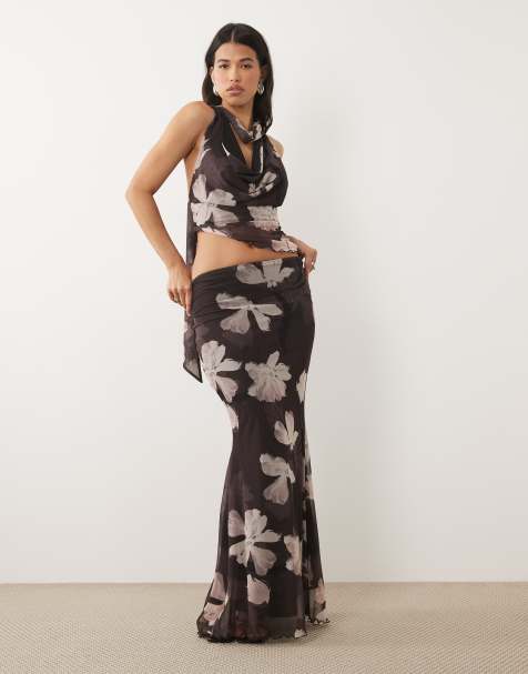 ASOS DESIGN - falda maxi de malla con drapeado y estampado floral marrón, parte de un conjunto - view 1