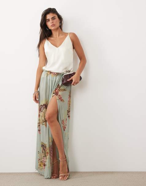 ASOS DESIGN - falda maxi de malla con estampado floral azul y cintura paperbag - view 1