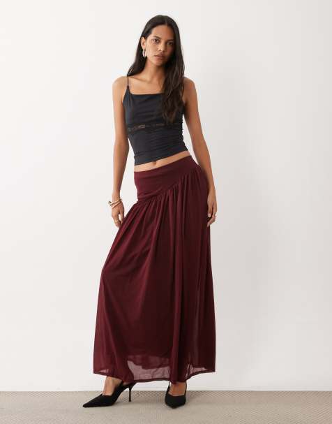 ASOS DESIGN - Falda maxi de malla transparente fruncida con cintura asimétrica en color vino - view 1