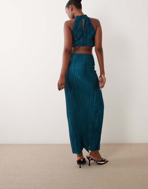 ASOS DESIGN falda maxi plisada de conjunto con detalle de cinturón anudado en verde azulado, 5 de 5