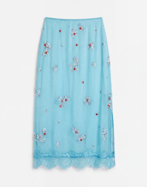 ASOS DESIGN - falda midi adornada con encaje en turquesa, 6 de 9