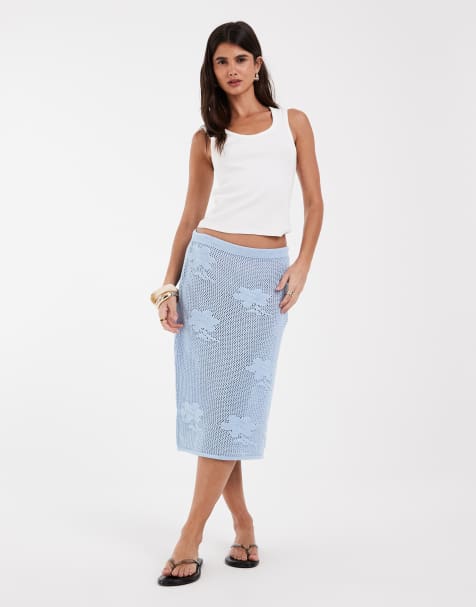ASOS DESIGN - falda midi de encaje floral de punto del conjunto en azul - view 1