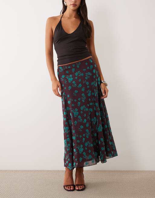 ASOS DESIGN - falda midi de malla flocada con estampado floral en ciruela y azul, 4 de 5