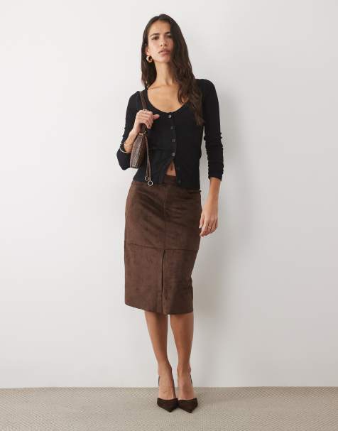 ASOS DESIGN falda midi de tubo de efecto ante en chocolate - view 1