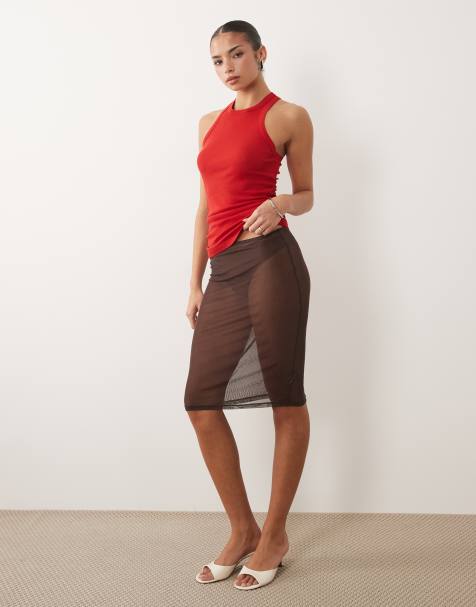 ASOS DESIGN - Falda midi marrón chocolate de malla transparente - view 1