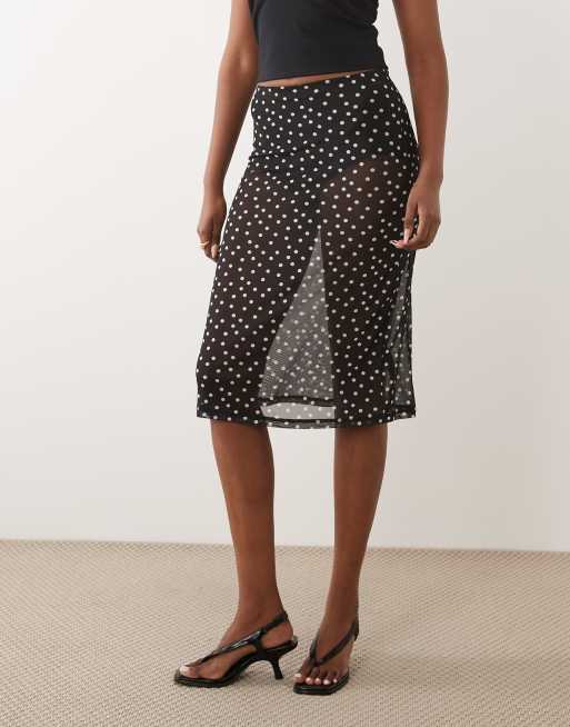 ASOS DESIGN - Falda midi negra transparente con estampado de lunares de malla, 2 de 5