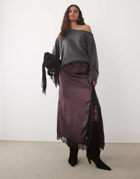 ASOS DESIGN - falda midi satinada marrón con inserción de encaje y abertura alta - view 1