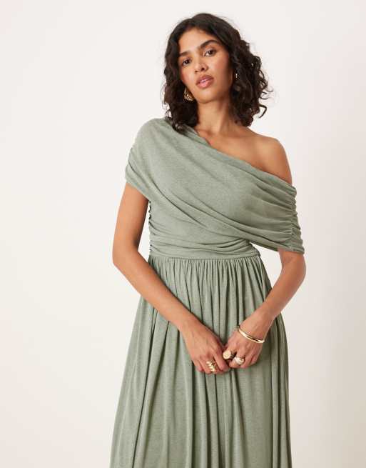ASOS DESIGN fallen bardot shoulder ruched floaty maxi dress in duck egg, 2 of 4