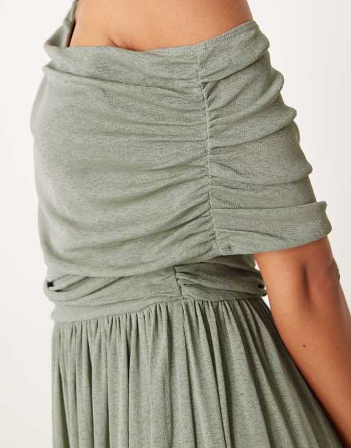 ASOS DESIGN fallen bardot shoulder ruched floaty maxi dress in duck egg, 3 of 4