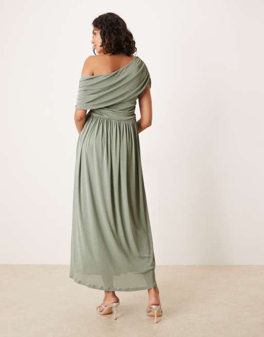 ASOS DESIGN fallen bardot shoulder ruched floaty maxi dress in duck egg, 4 of 4
