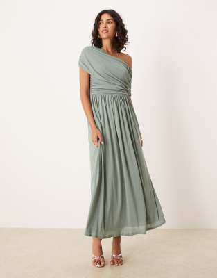 Asos Design Fallen Off The Shoulder Ruched Floaty Maxi Dress In Gray