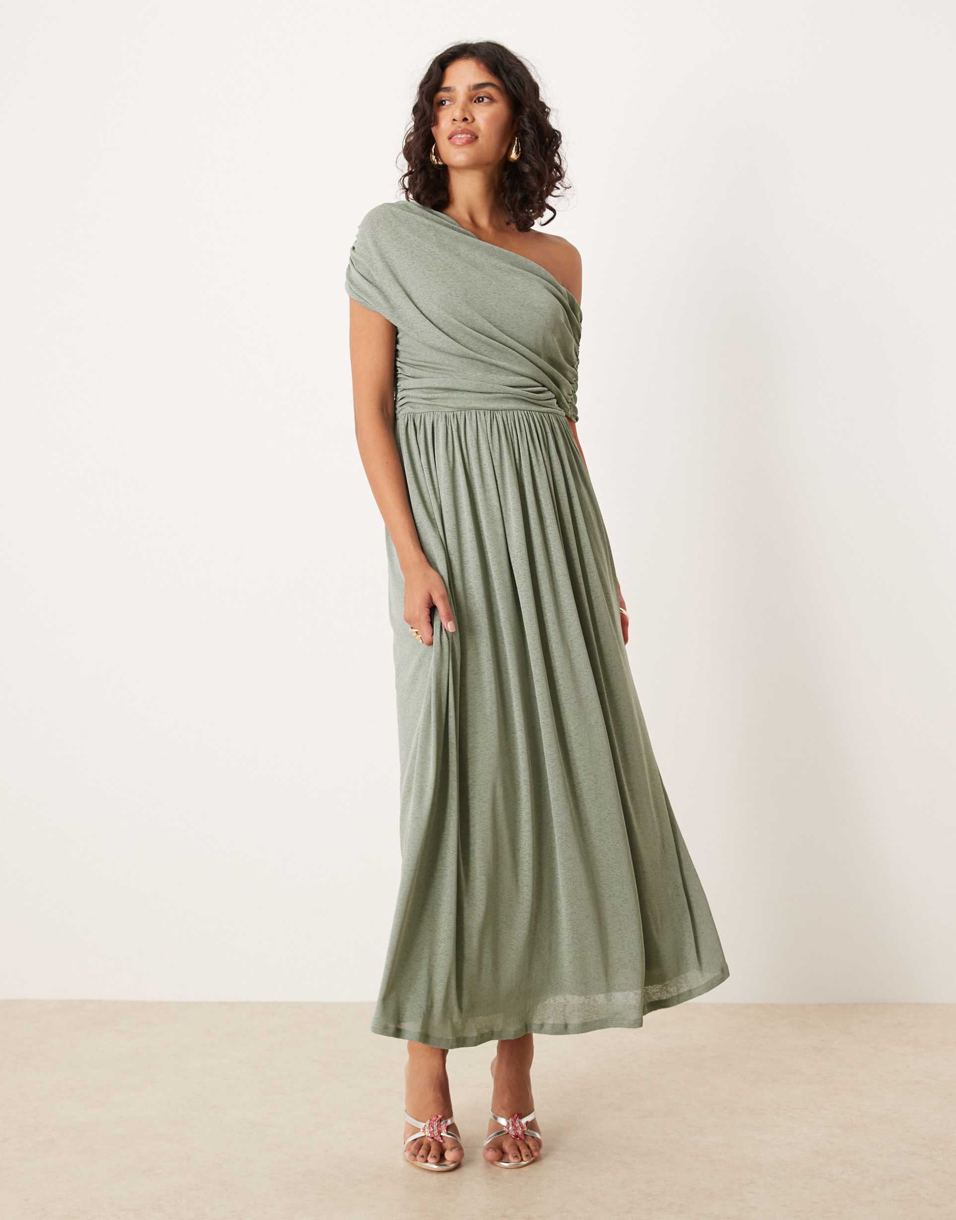 asos design fallen off the shoulder ruched floaty maxi dress in duck egg