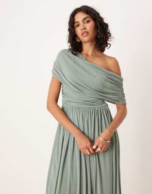Asos Design Fallen Off The Shoulder Ruched Floaty Maxi Dress In Gray