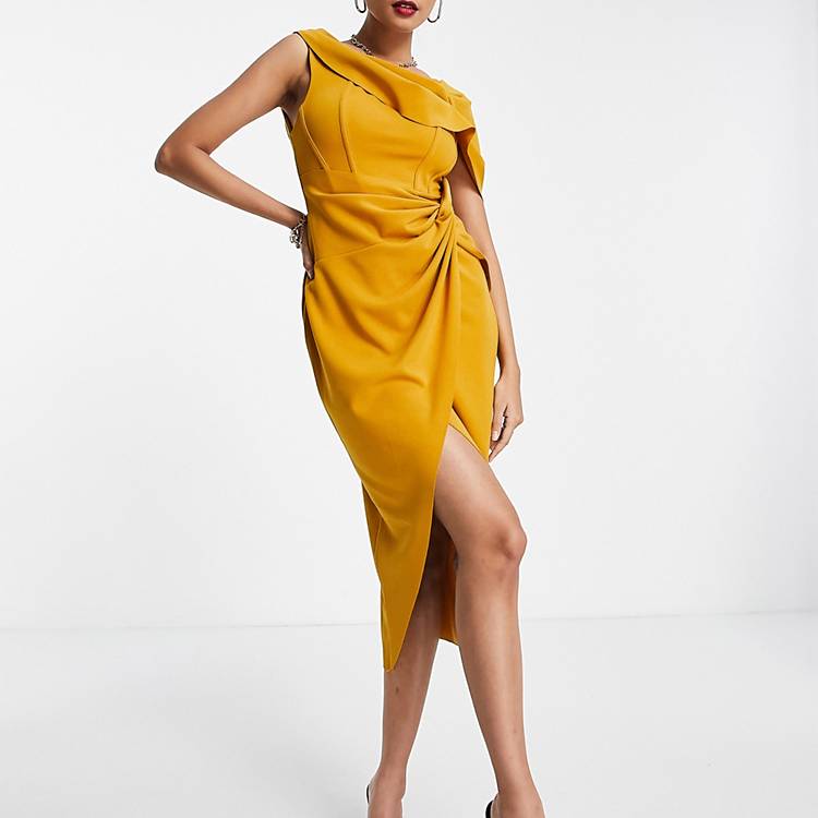 Asos Women Clothing Dresses Pencil Dresses Fallen one shoulder gathered midi pencil dress with wrap in mustard 