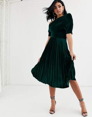 asos green velvet pleated dress