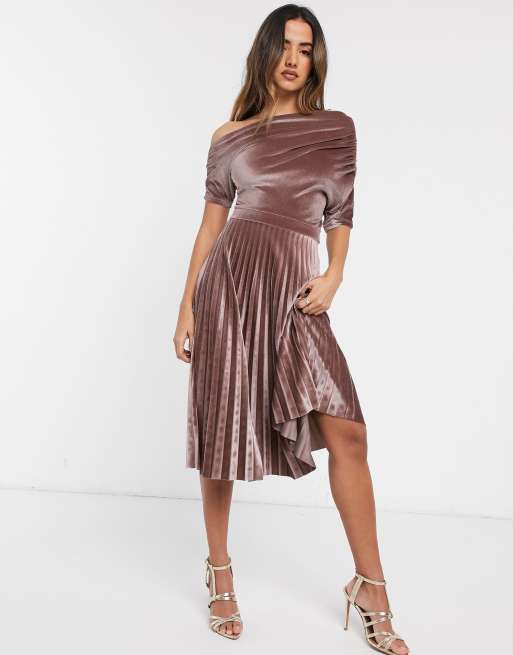 Asos design pleated outlet velvet bardot midi dress