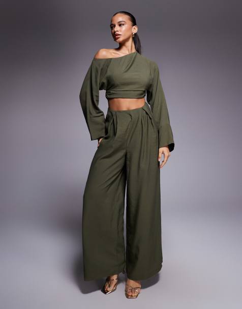 ASOS DESIGN fallen shoulder 2-in-1 jumpsuit in khaki - view 1