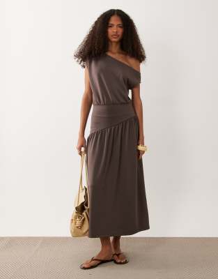 ASOS DESIGN fallen shoulder asymmetric cinched waist midi dress in chocolate