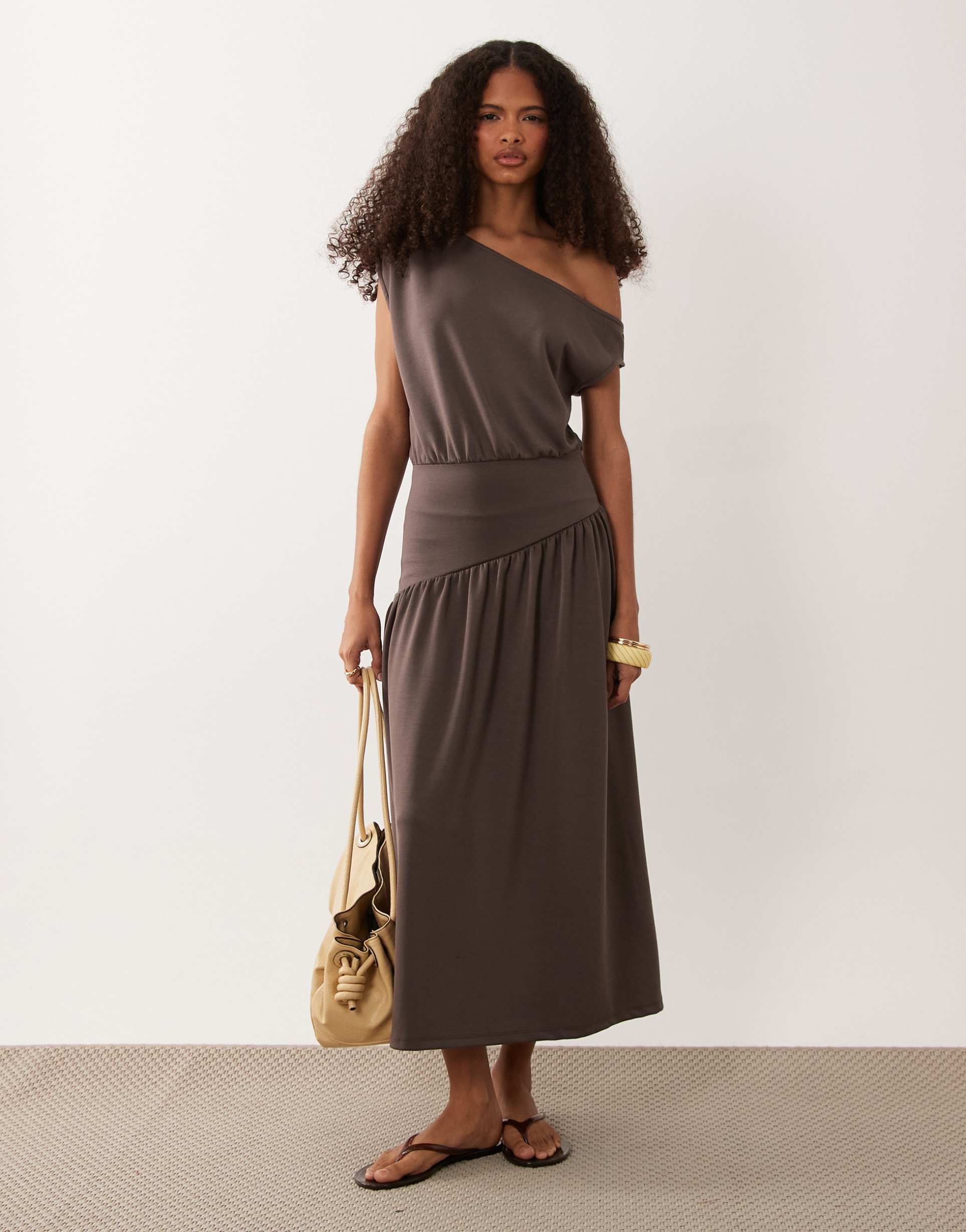 asos design fallen shoulder asymmetric cinched waist midi dress in chocolate