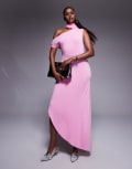 [ASOS DESIGN] ASOS DESIGN fallen shoulder asymmetric hem midi dress with neck tie detail in pink M Pink