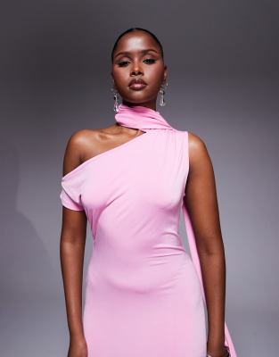 Asos Design Fallen Shoulder Asymmetric Hem Midi Dress With Neck Tie Detail In Pink