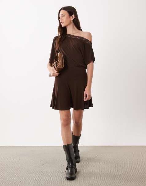 ASOS DESIGN Fallen shoulder blouson modal mini dress in brown - view 1