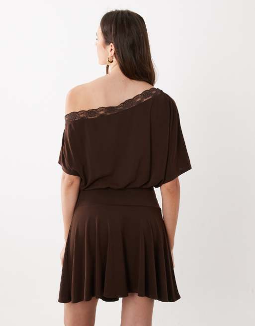 ASOS DESIGN Fallen shoulder blouson modal mini dress in brown, 2 of 4